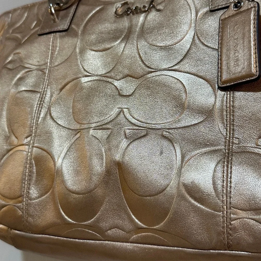 Coach Metallic Gold Leather Signature C‎ Embossed Tote Shoulder Bag Handbag